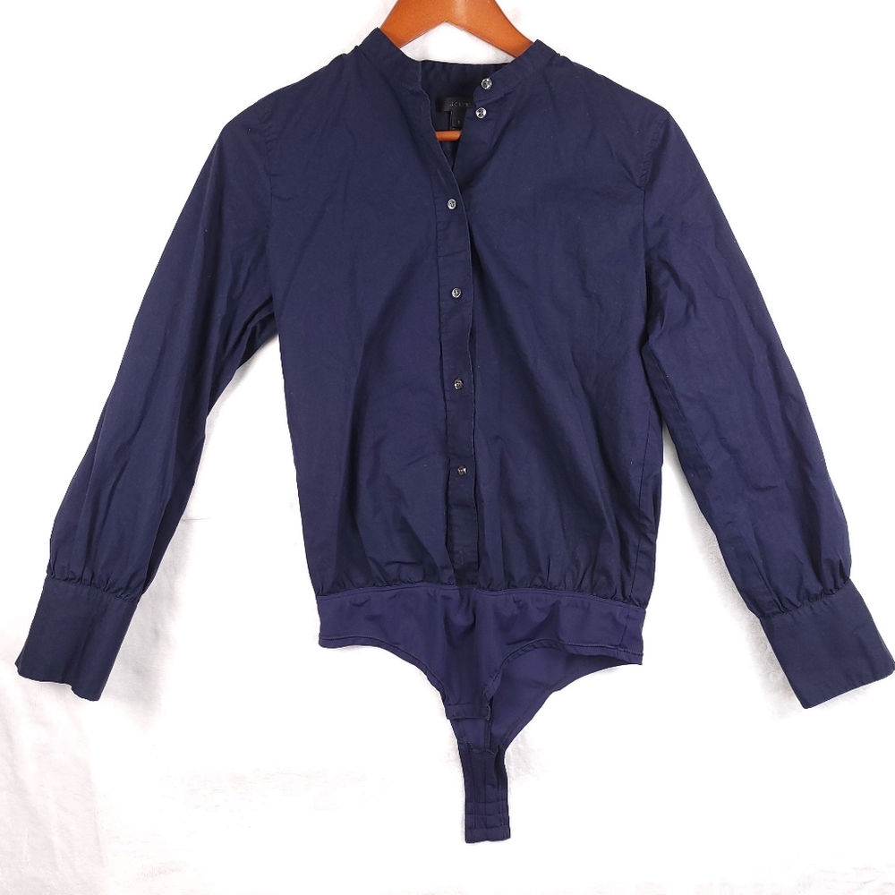 J.Crew Cotton Long Sleeve Bodysuit Button Up Collarless Navy 6